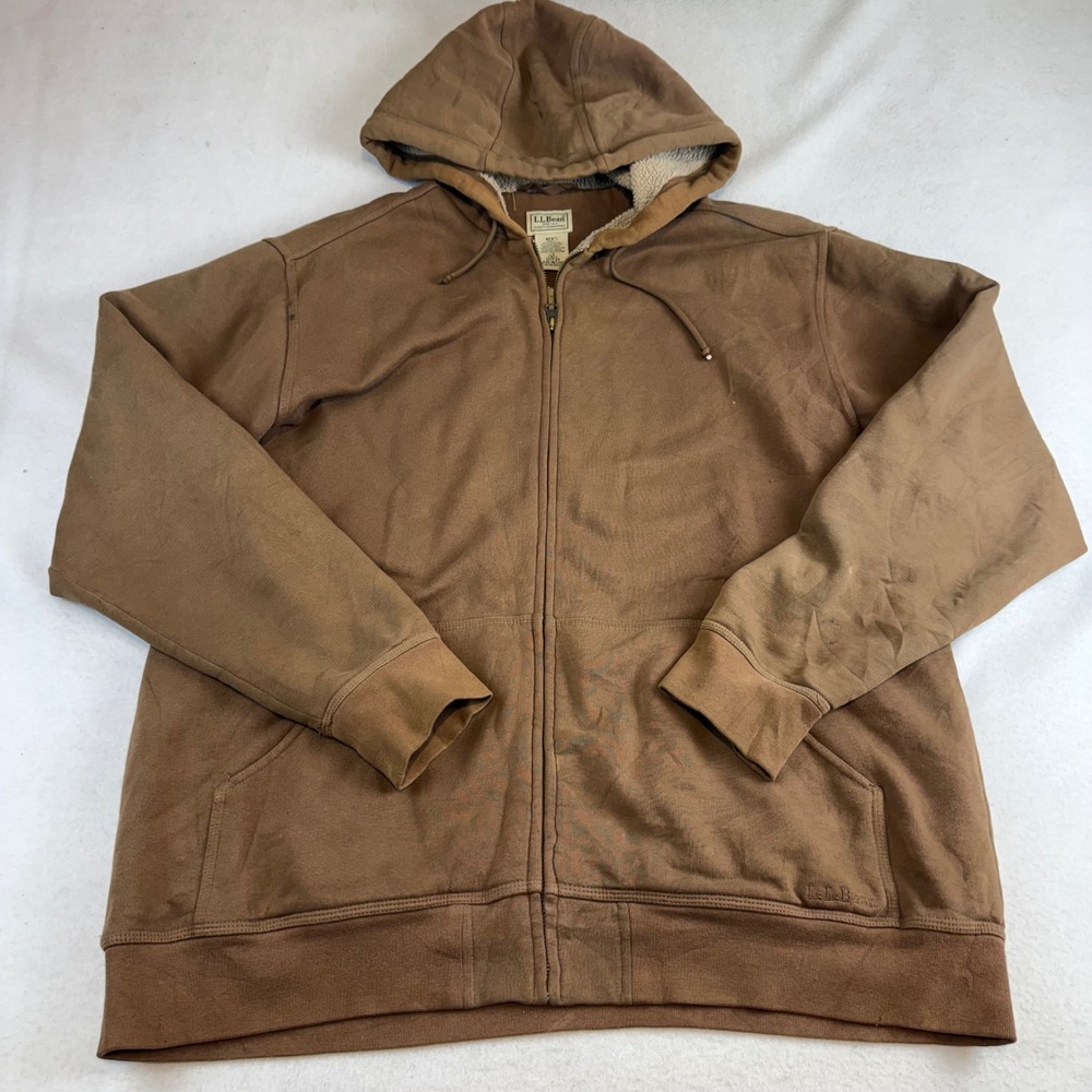 LL Bean Mens Large Tall Sherpa Lined Full Zip Hoodie Brown Workwear Sweatshirt